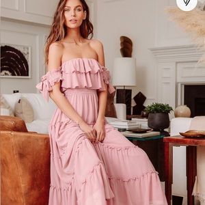 Lulus Chance for us Blush Pink off the shoulder ruffled Maxi Dress
